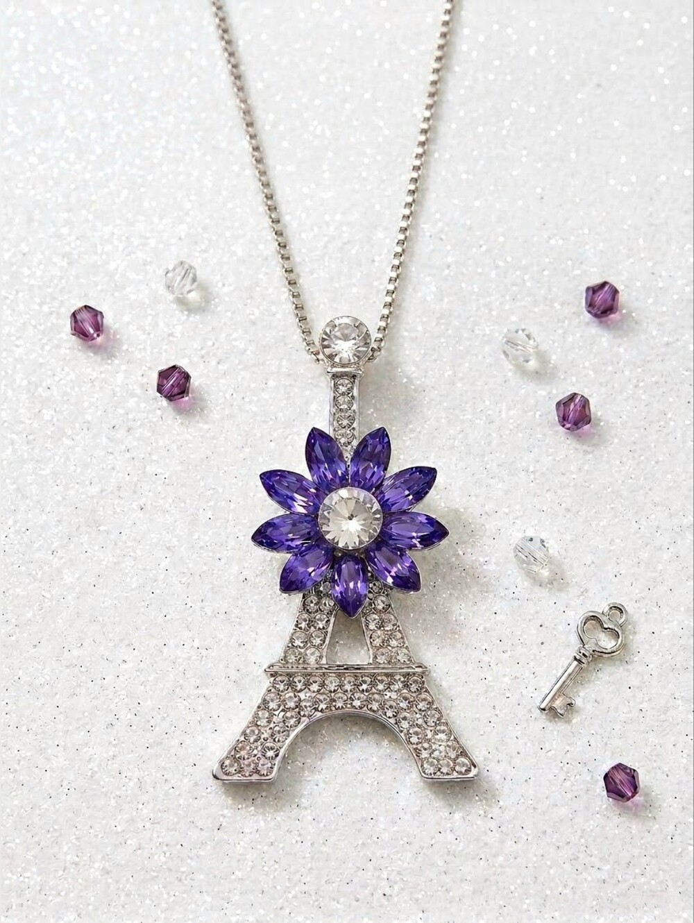 Crystal Rhinestone Eiffel Tower Necklace With A 22in Adjustable Chain